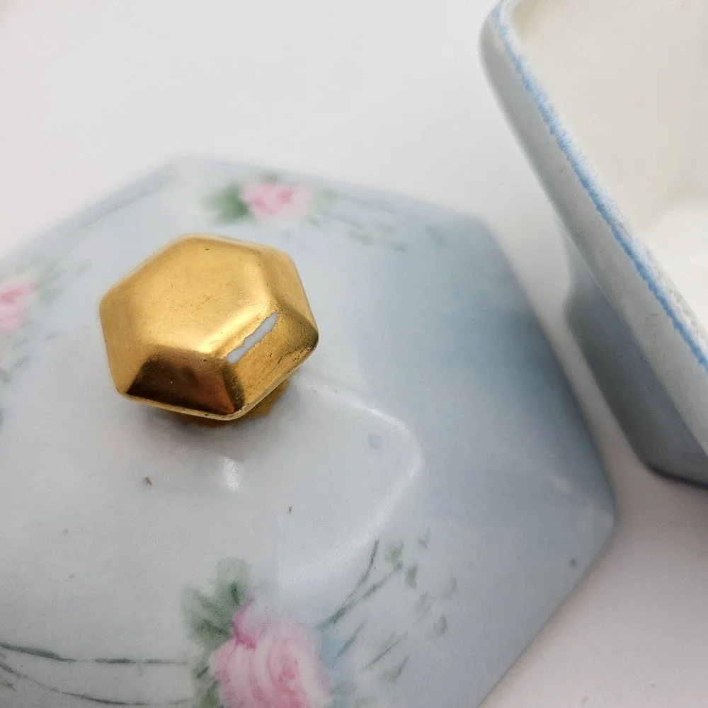 Antique T&V Limoges France 3 Pc Vanity Set Blue Pink Roses Tray‎ Powder Jar